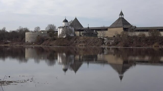 April cloudy morning at the old Staroladoga fortress. Staraya Ladoga, Russia 