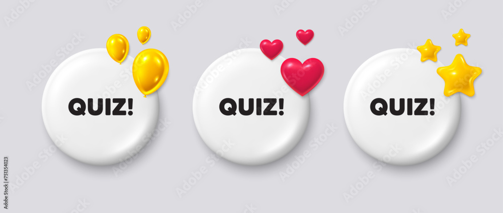 Poster white buttons with 3d icons. quiz tag. answer question sign. examination test symbol. quiz button me