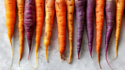 Various fresh carrots laid out on a marbled table