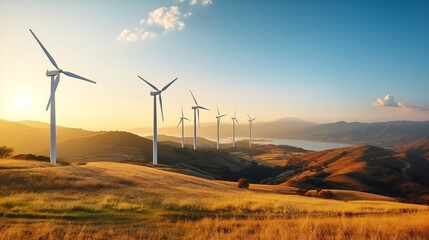 Obraz premium Wind power generation equipment. Landscape with turbine farm. Green Energy Electricity. Windmill for electric power production. Concept of alternative energy and power sustainable resources