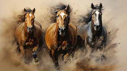 Three horses galloping energetically across sandy terrain