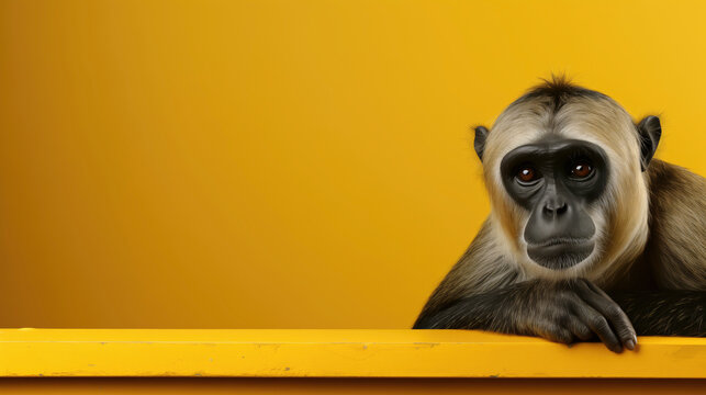 A monkey perched on a bright yellow table with copy space 
