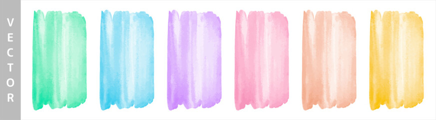 Watercolor vector soft pastel colors brush strokes, smears set. Banners collection, rectangle shape. Painted light watercolour stains textures. Aquarelle social media templates, text backgrounds.