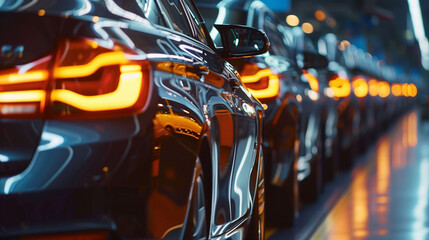 Mass production assembly line of modern cars, Blurred Background of Luxury Cars in Showroom with Bokeh Lights, Ai generated image - obrazy, fototapety, plakaty