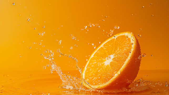 side view slide cut piece of orange drop on orange background with orange juice splash water - AI Generated