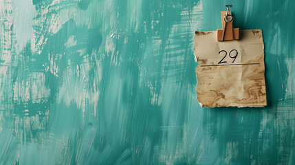 Sign on a blue background, Sign on the wall, Written February 29 as a reminder for leap year day with copy space, Note on green wall background with written February Ai generated image