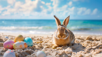 Easter bunny on the beach, Easter day, rabbit and easter painted eggs on summer, sand beach, Easter wallpaper with easter eggs in a basket, Easter poster and banner template with Easter eggs,Ai - obrazy, fototapety, plakaty