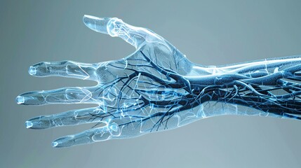 diagram of human veins, transparent glass veins, hand, on a light blue background