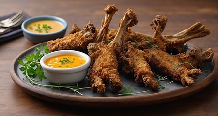 Illustrate a scene of a serving platter with an array of ultra-realistic crispy fried mutton ribs, garnished with fresh herbs and accompanied by dipping sauces. -AI Generative