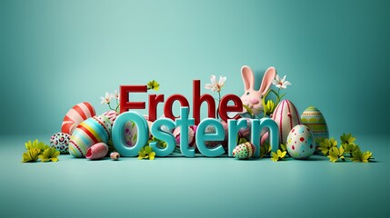 Frohe Ostern als Text mit Osterhase und Dekoration.