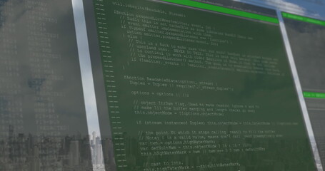 Image of data processing on screen over cityscape background