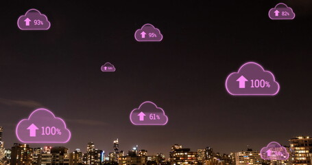 Image of pink clouds with arrows and percent growing over cityscape background