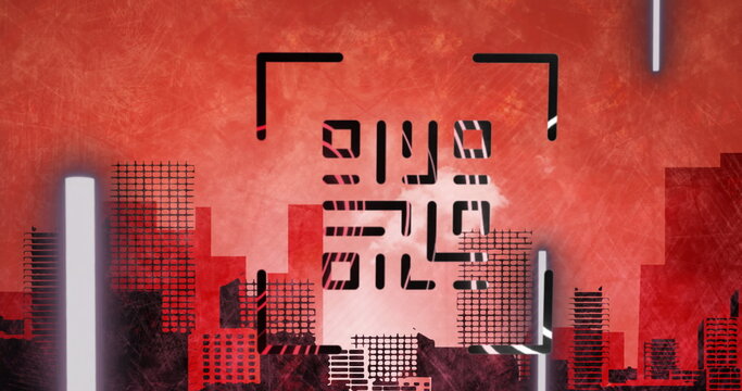 Image of qr code over red cityscape background