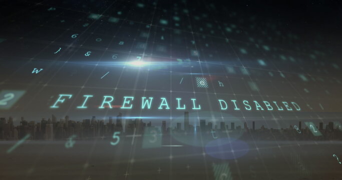 Image of cyber attack warning and data processing over cityscape background