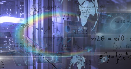 Image of rainbow lens flare, mathematical equations and data processing against computer server