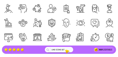 Wallet, Health skin and Growth chart line icons for web app. Pack of Health eye, Report, Identity confirmed pictogram icons. Market seller, Rent car, Luggage belt signs. Painter. Search bar. Vector