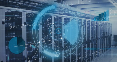 Image of scope, mathematical equations and data processing over computer servers