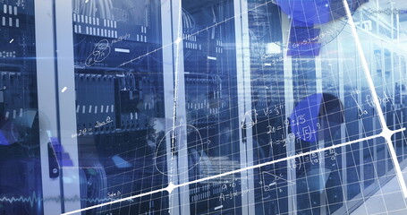Image of mathematical equations and data processing over grid network against computer servers