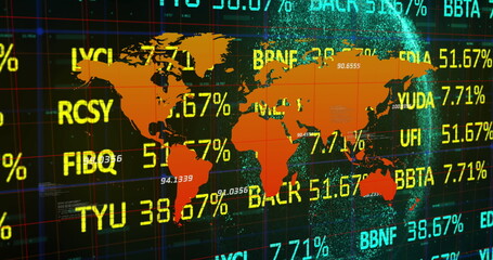 Image of financial data processing and world map over dark background