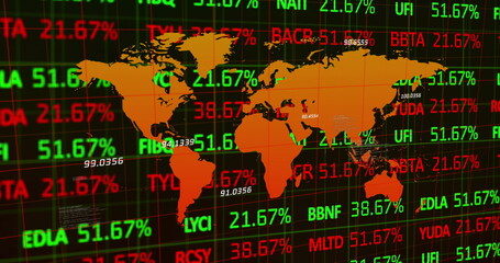 Image of financial data processing and world map over dark background