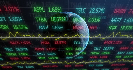 Image of financial data processing and globe over dark background
