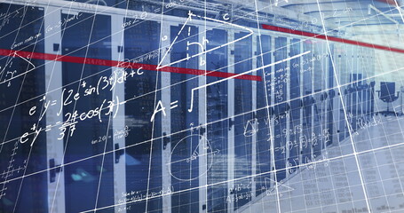 Image of mathematical equations and data processing over computer servers