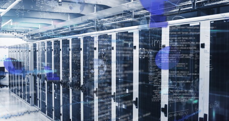 Image of statistics, mathematical equations and data processing over computer servers