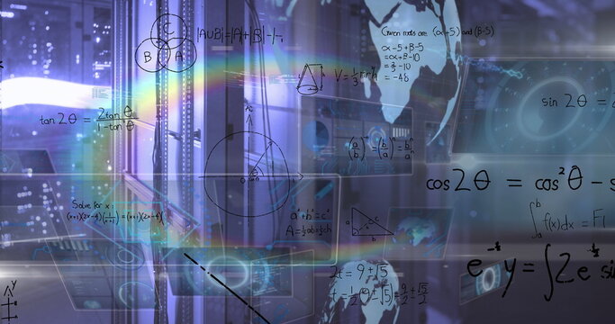 Image of rainbow lens flare, mathematical equations and data processing against computer server