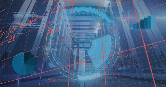 Image of round scanner, mathematical equations and data processing against computer server room