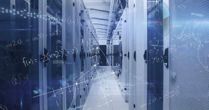 Image of scopes, mathematical equations and data processing over computer servers
