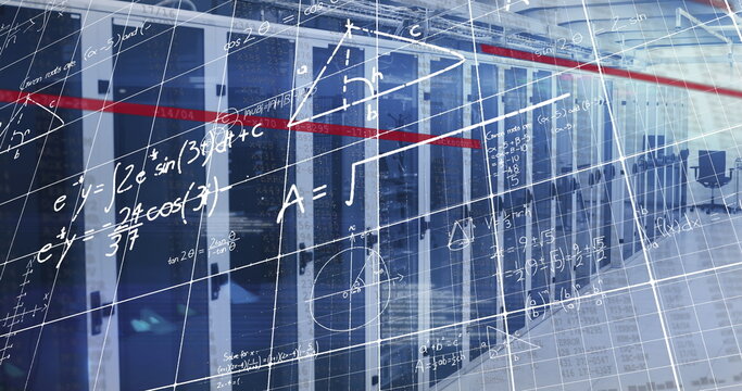Image of mathematical equations and data processing over computer servers