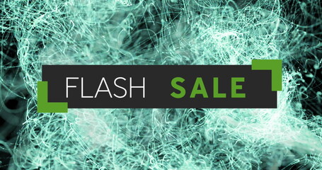 Digital image of flash sale text against glowing green waves moving on black background
