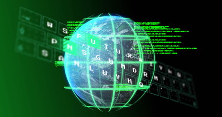 Fototapeta premium Image of keyboard, data and globe on black background
