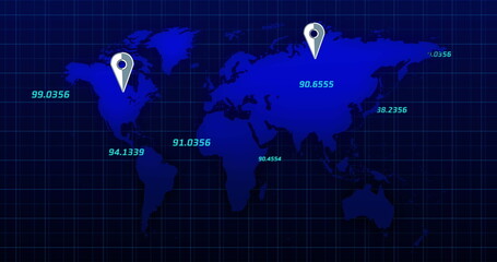 Digital image of location pin icons and floating numbers against world map on blue background