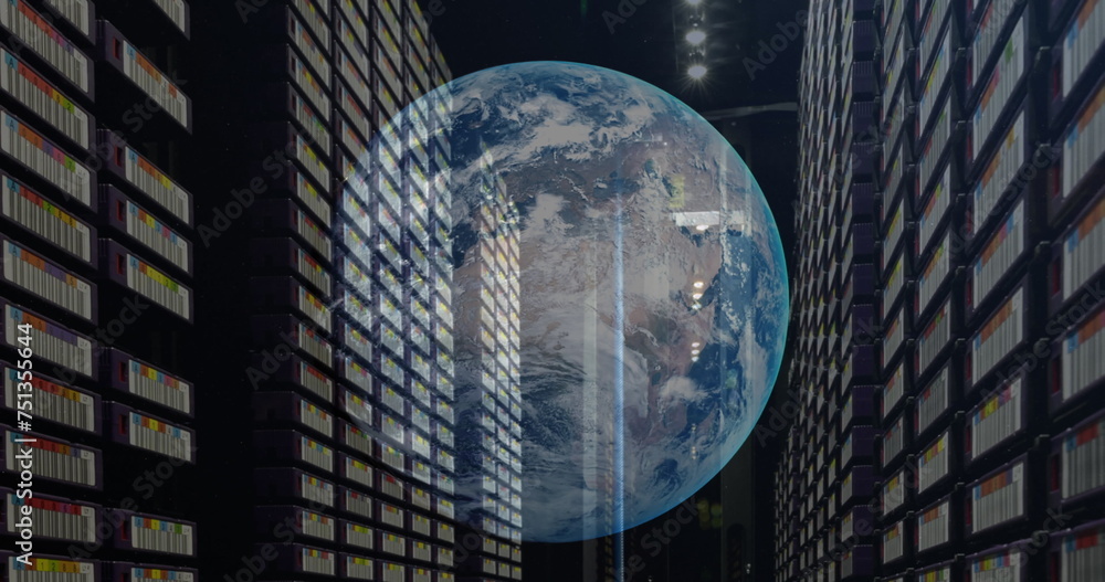 Poster image of a globe against computer server room