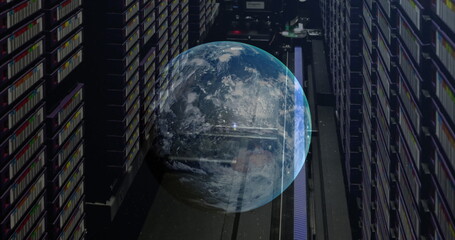 Image of a globe against computer server room