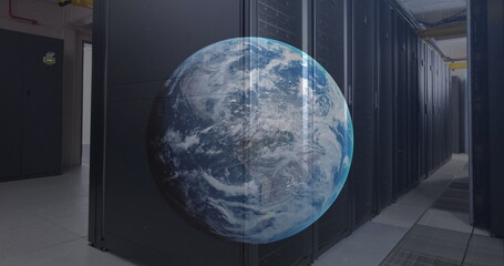 Image of a globe against computer server room