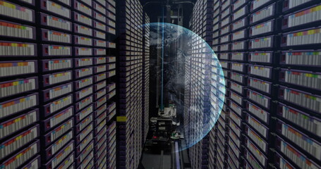 Image of a globe against computer server room