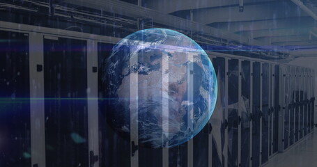 Image of globe, blue light trails and plexus networks against computer server room