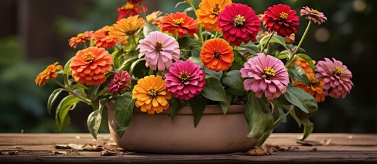 A flower pot filled with a variety of dwarf zinnia flowers in vibrant colors like red, pink, orange, and yellow. The flowers are tightly packed together in the shallow pot, creating a burst of color