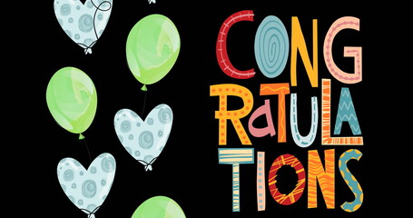 Image of congratulations text over green balloons on black background