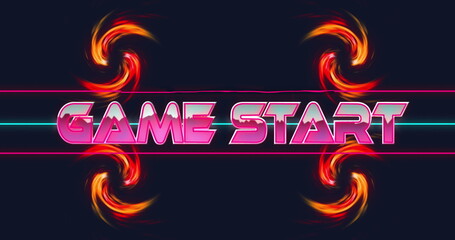 Image of game start text over neon shapes on black background