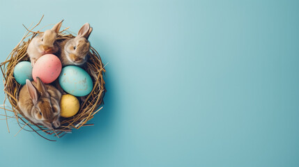 Easter egg in nest, Two adorable Easter bunnies snuggled in a nest among, Easter wallpaper with easter eggs in a basket, Easter day, Easter poster and banner template with Easter eggs, Ai  - Powered by Adobe