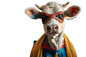 a cow dressed as a superhero with a cape and a mask, isolated on transparent background, png file