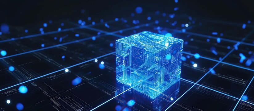 3D background of cubes in glowing blue.