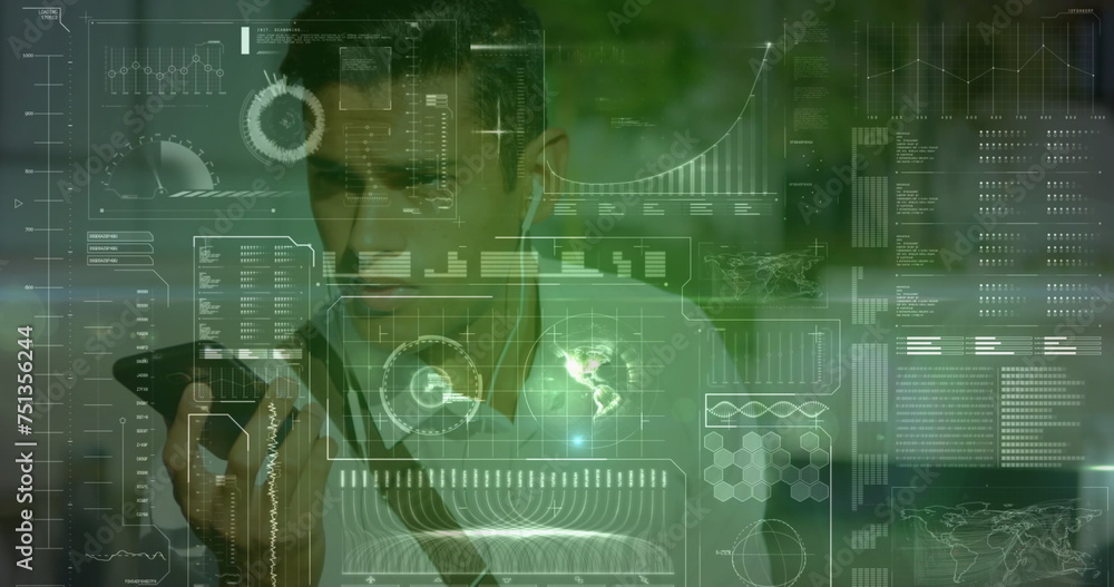 Poster image of interface with data processing over biracial man talking on smartphone outdoors