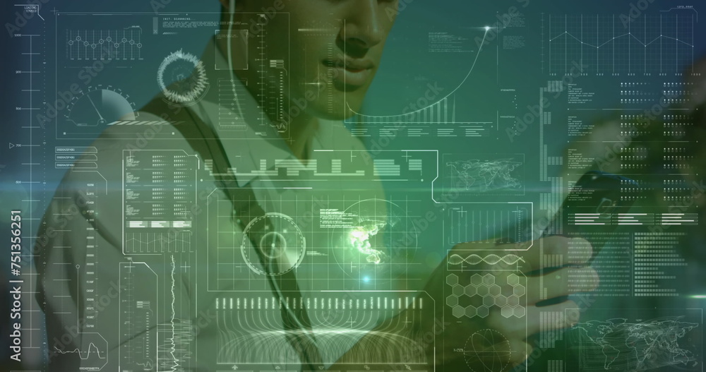 Poster image of interface with data processing over biracial man using smartphone outdoors