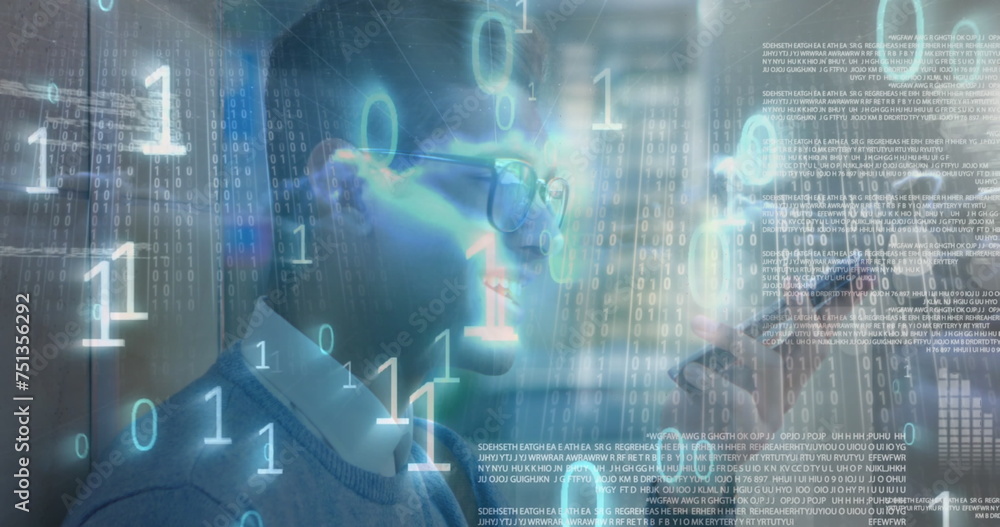 Poster image of data processing over caucasian man talking on smartphone against clouds in the sky