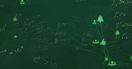 Image of network of connections with icons over mathematical equations on green background