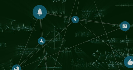 Image of network of connections with icons over mathematical equations on black background